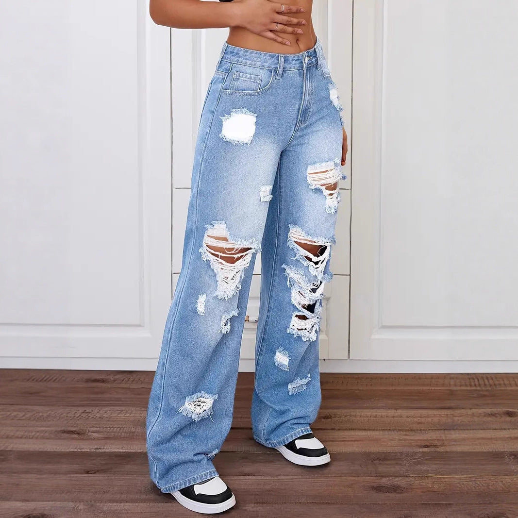 Trendy Washed Ripped Straight Jeans For Women