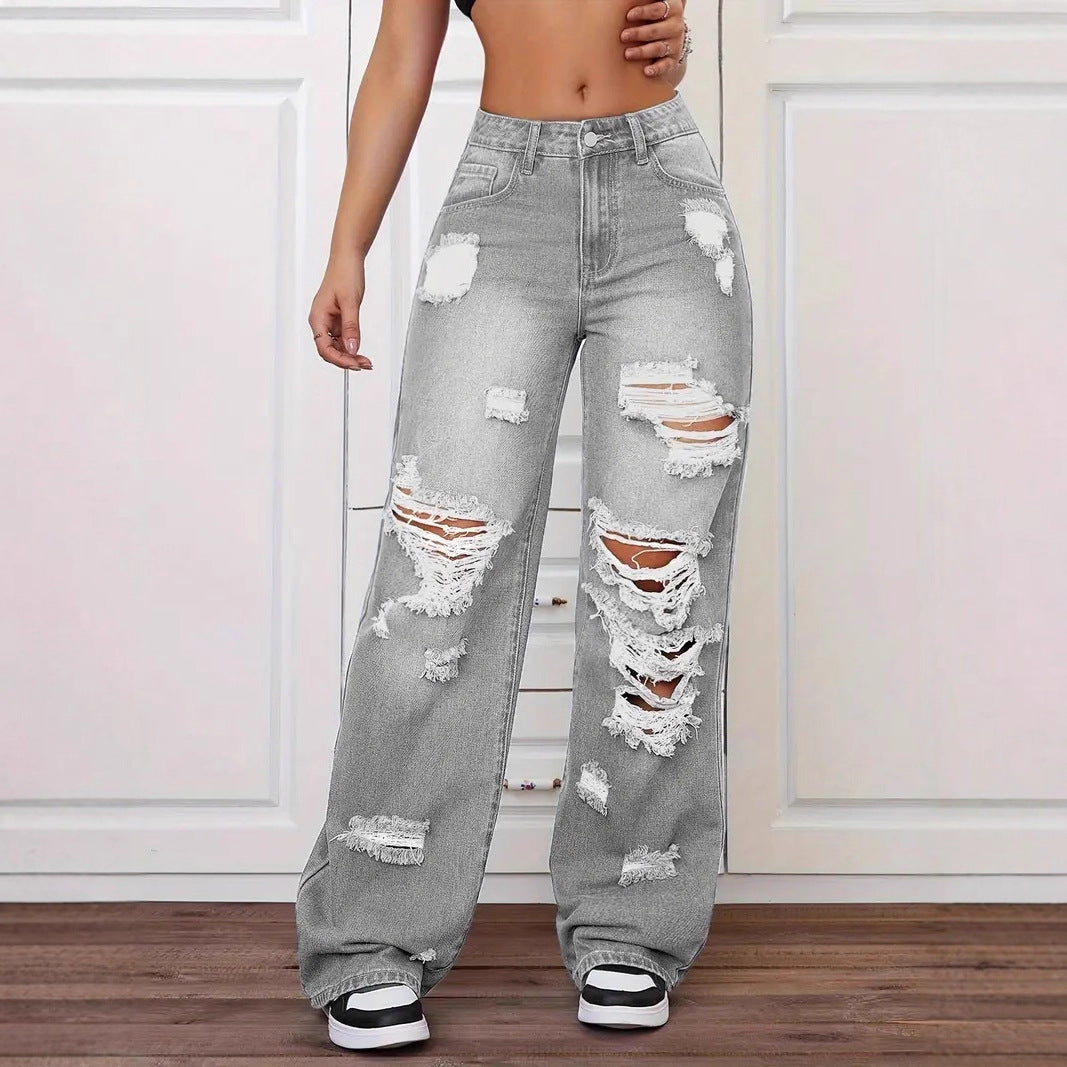 Trendy Washed Ripped Straight Jeans For Women